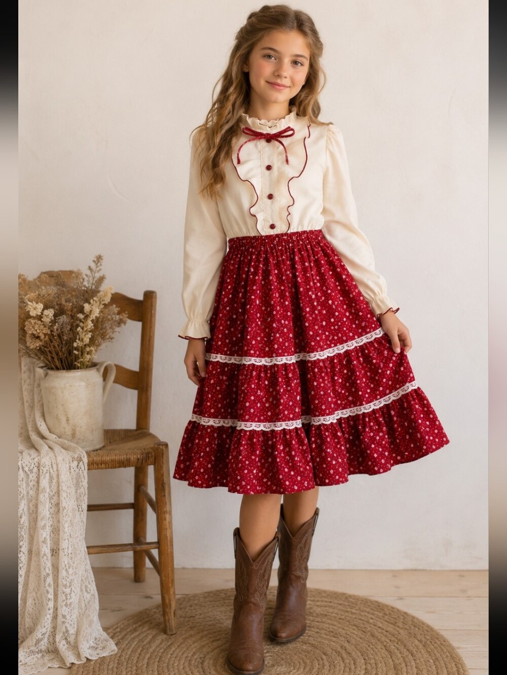 Vintage Little Princess Girls Dress Size 13 Red Floral Prairie Folk Ruffle
